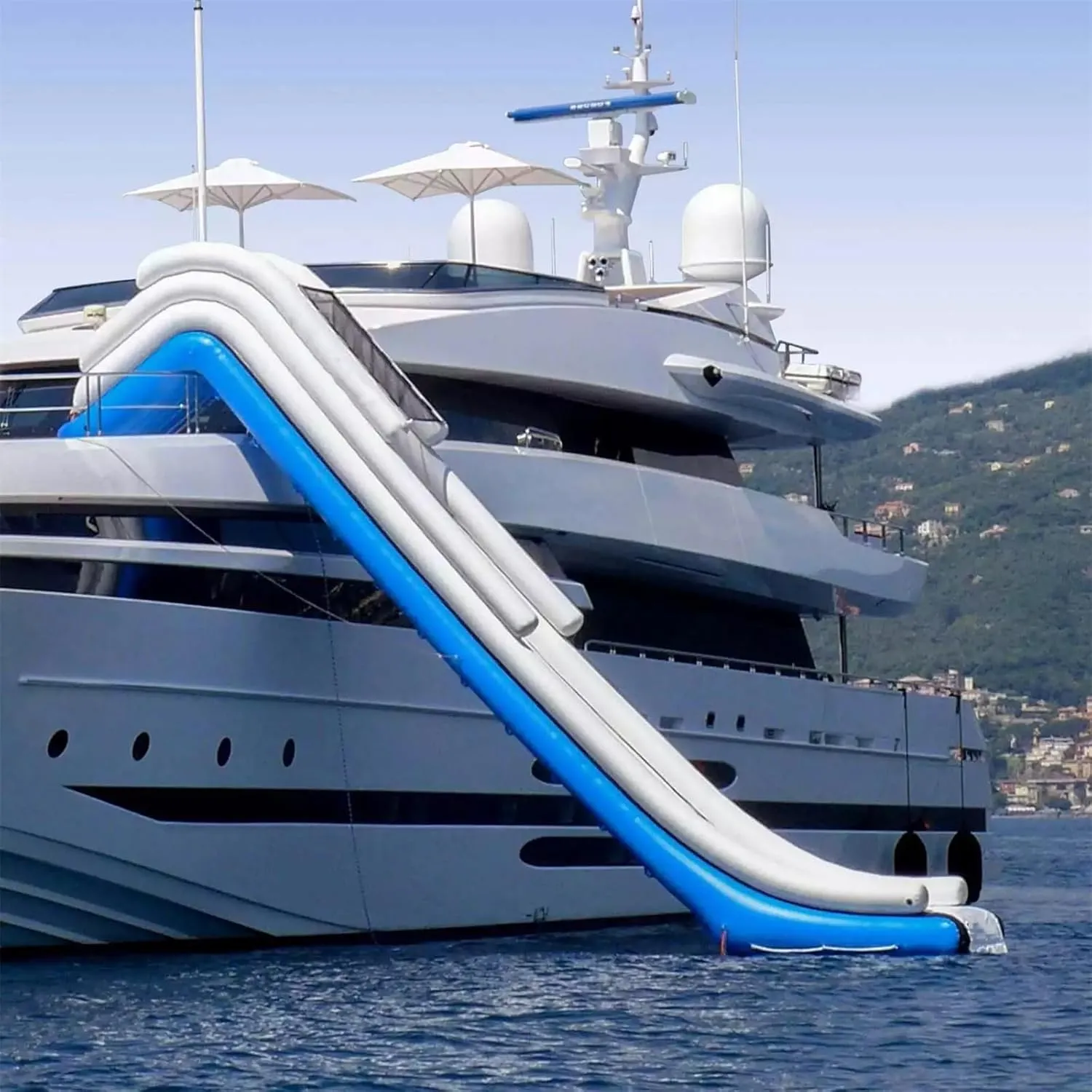 Water Park Inflatable Yacht Slide Floating Game with Protective Net and Air Pump for Docks and Playgrounds