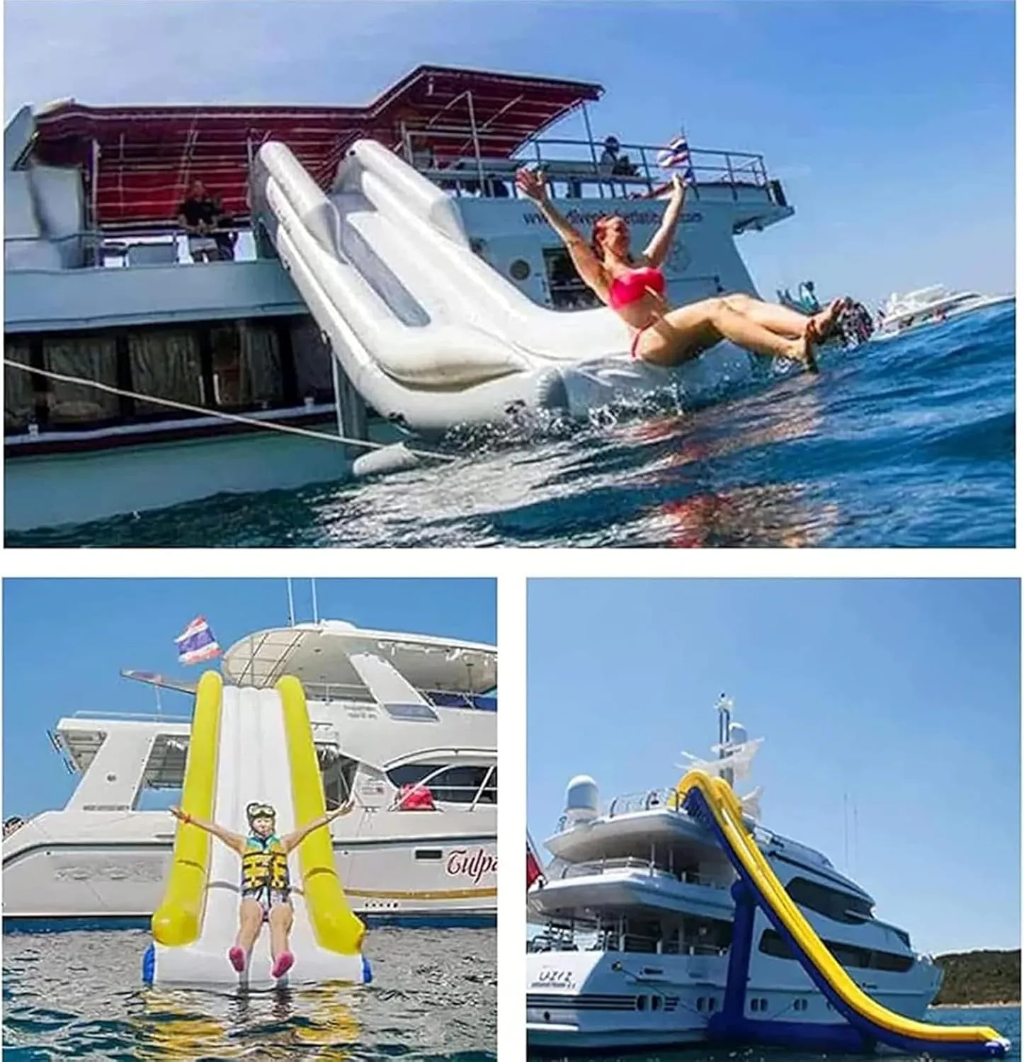 Water Park Inflatable Yacht Slide Floating Game with Protective Net and Air Pump for Docks and Playgrounds