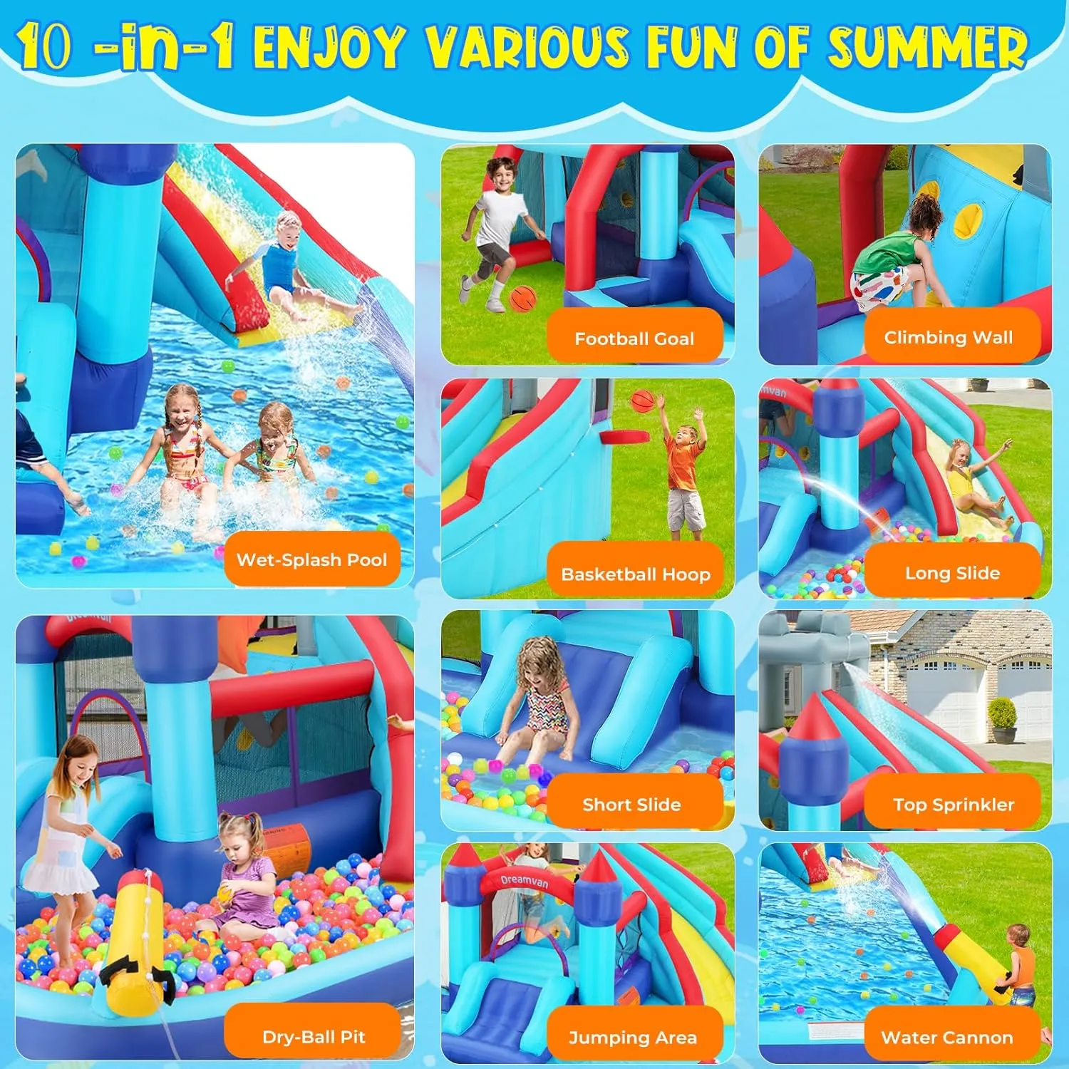 Water Slide Bounce House for Kids Backyard–13x11.8x7FT Sport Waterpark with Soccer Goal & Basketball Hoop, 10-in-1 Waterslide w/2 Slides, Bounce Area, Splash Pool, Climbing Wall & Water Cannon