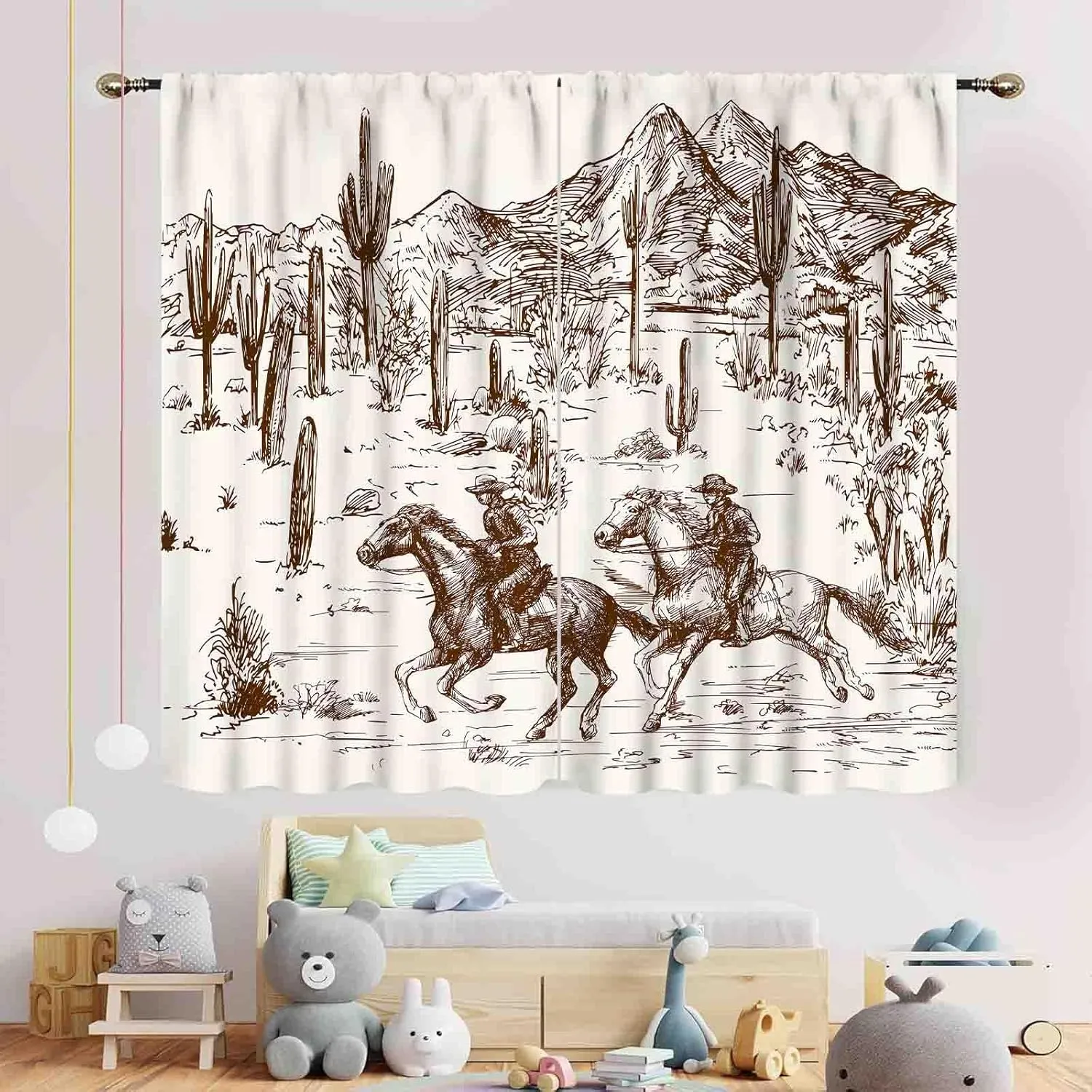Western Curtains for Bedroom, Rustic Farmhouse Cowboys Riding Horse Wild West Desert Cactus Country Style Blackout Window Drapes Treatments for Living Room Kitchen Home Decor 2 Panels, 42"x45" Inch