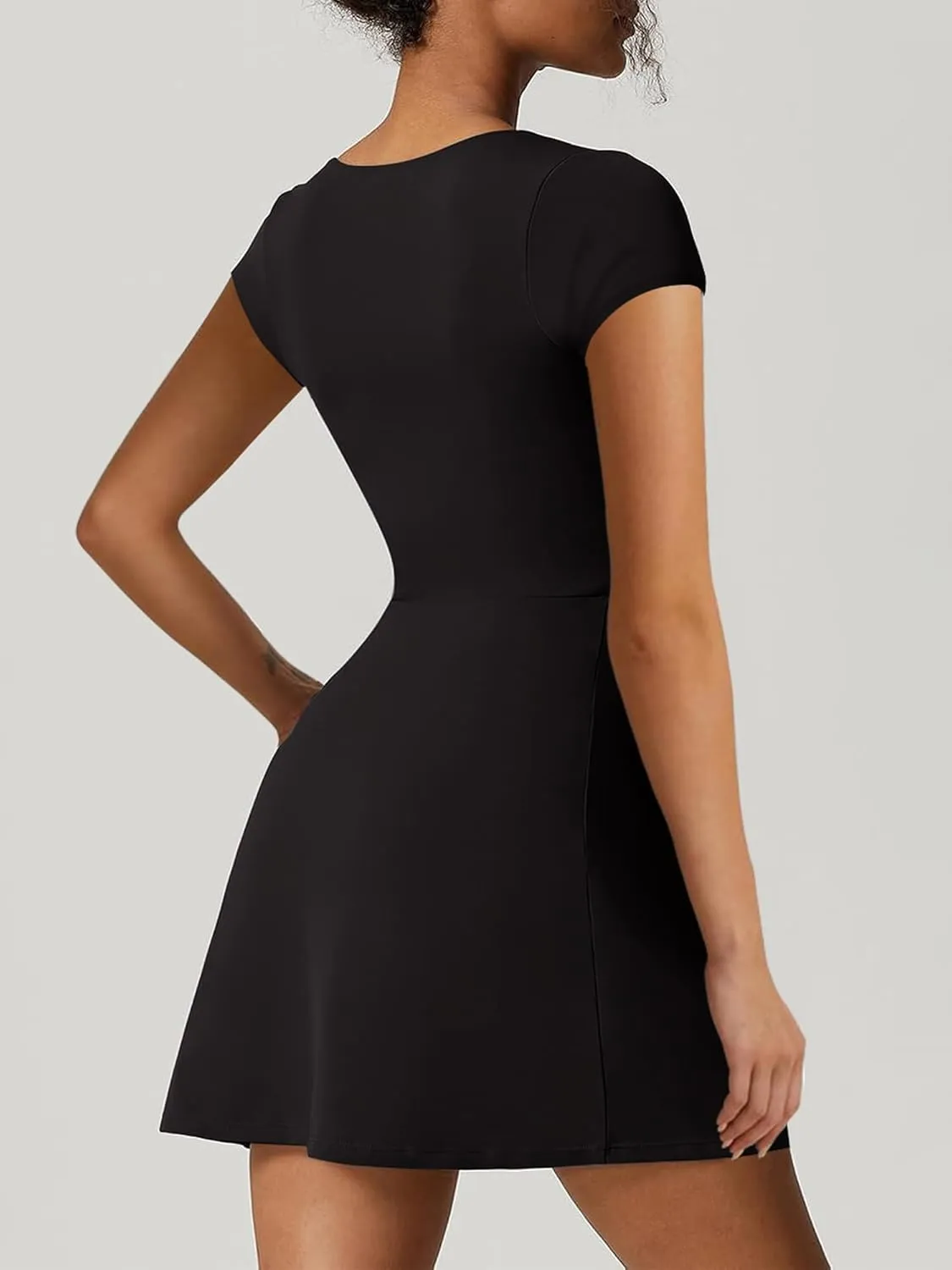 Women's Athletic Tennis Dress with Shorts Square Neck Short Sleeve Workout Golf Side Slit Casual Mini Dress