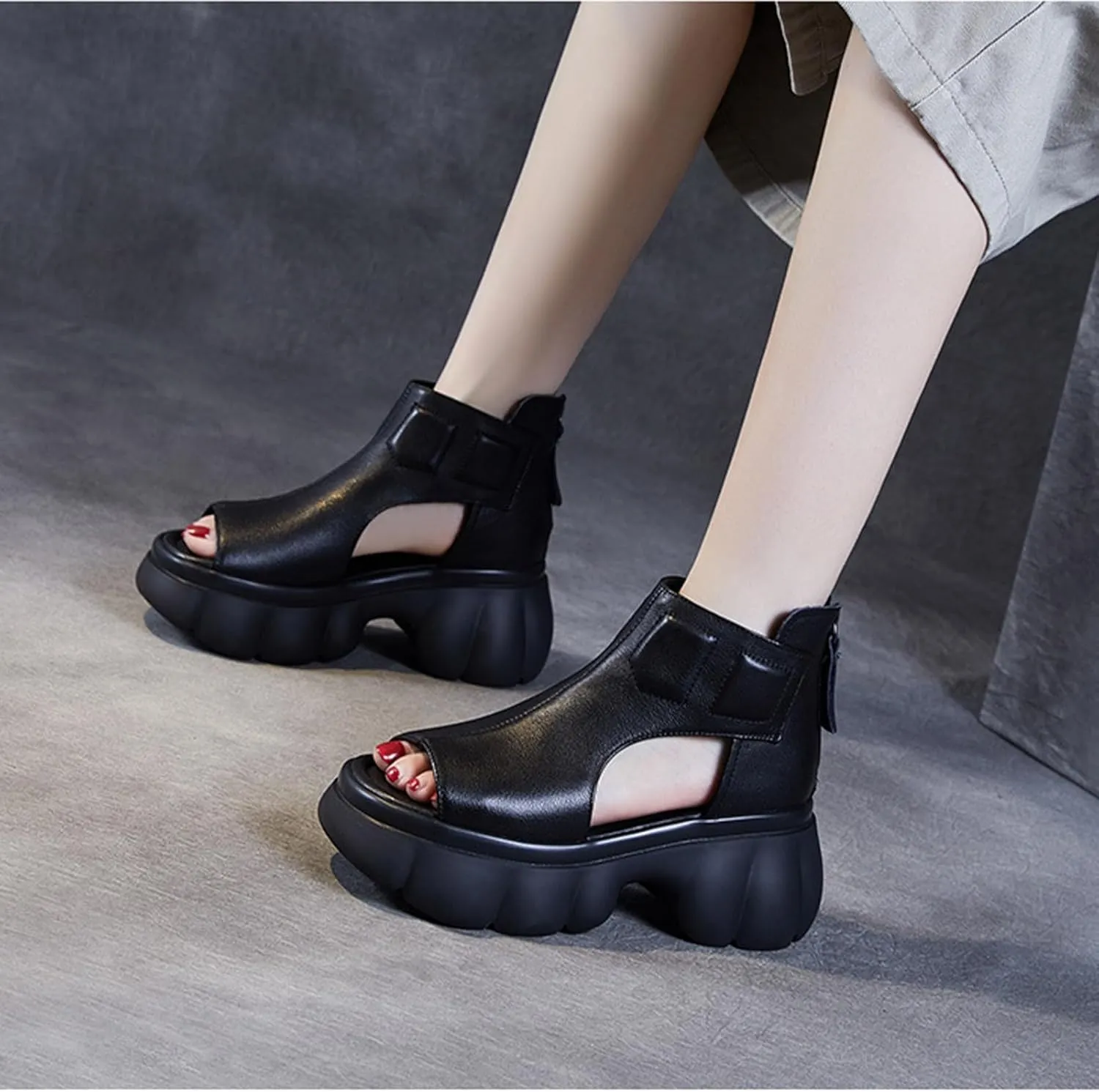 Womens Genuine Leather Chunky Platform Retro Roman Sandals High Top Comfortable Anti-Slip Open Toe Fish Mouth Soft Bottom Back Zipper Wedge Y2K Gladiator Sandals Boot for Casual Walking