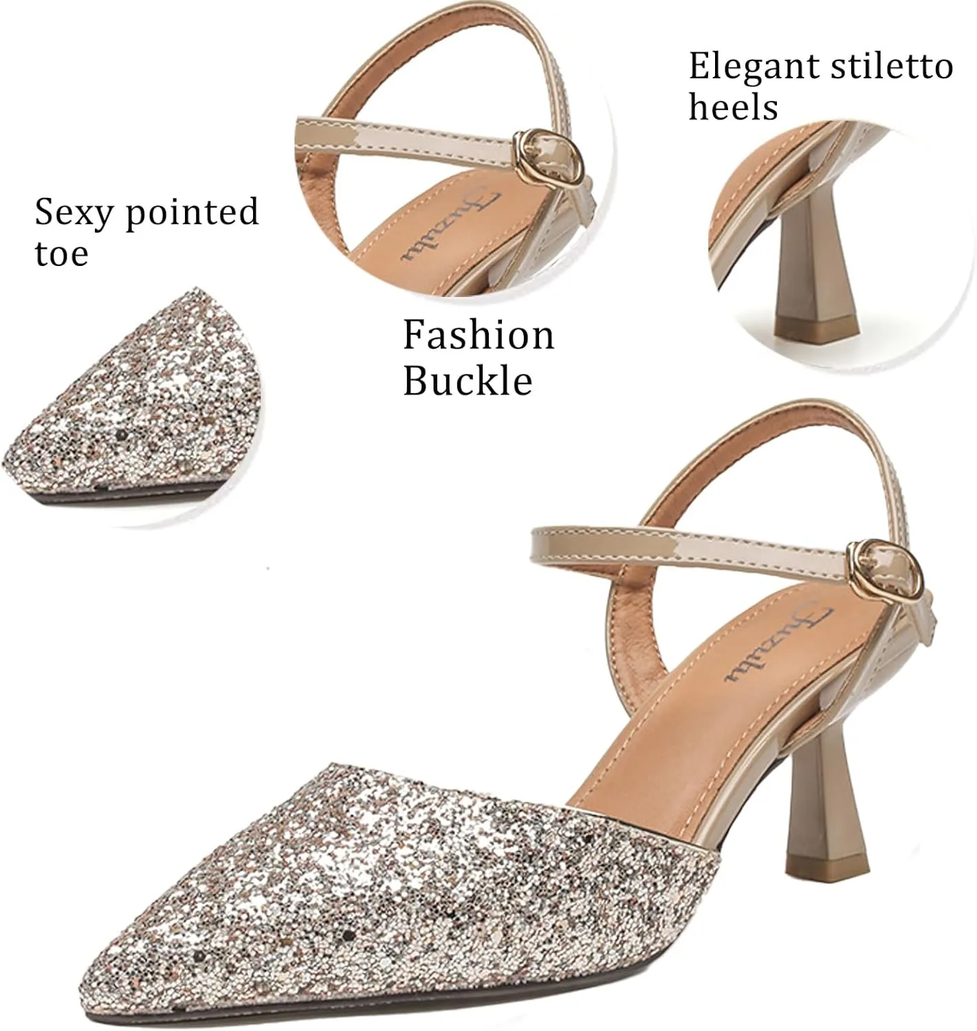 Women's Sequins Pointed Toe Kitten Heel Slingback Pumps Fashion closed-toe Comfort Low heel Sexy Dressy Sandals with Adjust Ankle strap for Wedding Bridal Party Evening