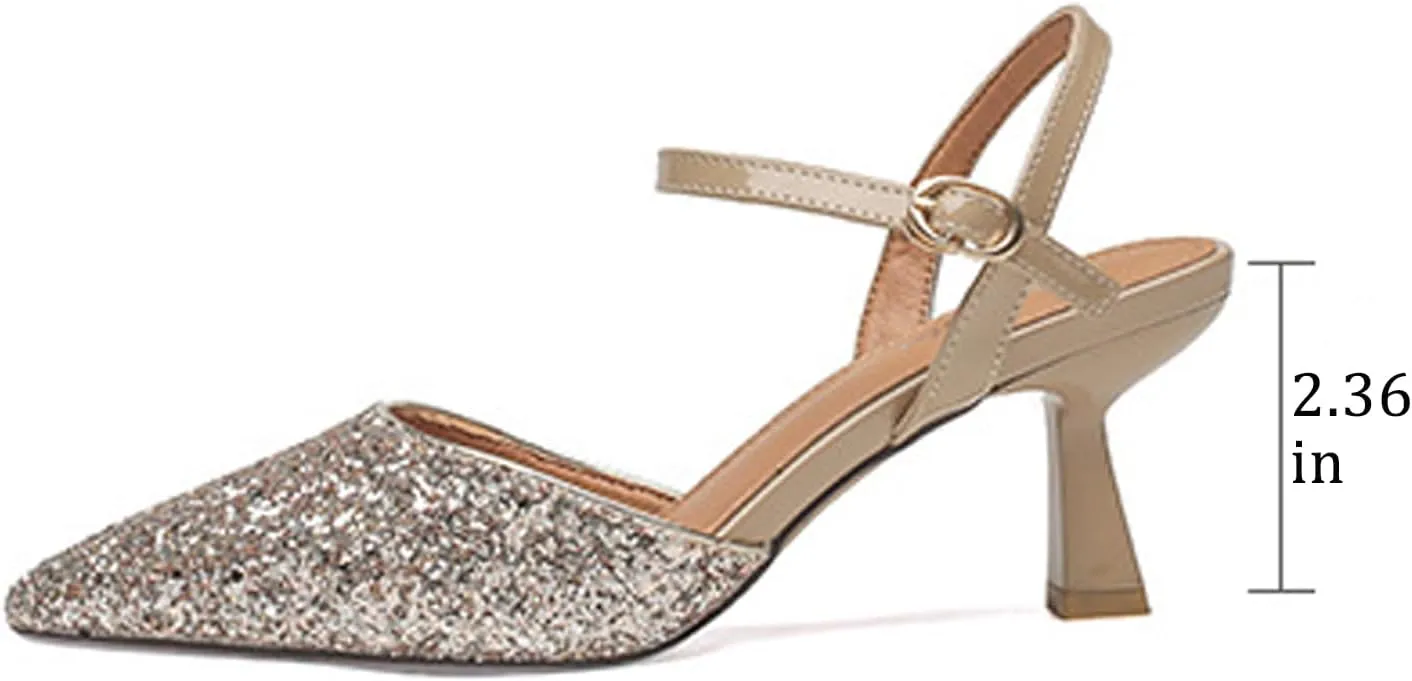 Women's Sequins Pointed Toe Kitten Heel Slingback Pumps Fashion closed-toe Comfort Low heel Sexy Dressy Sandals with Adjust Ankle strap for Wedding Bridal Party Evening