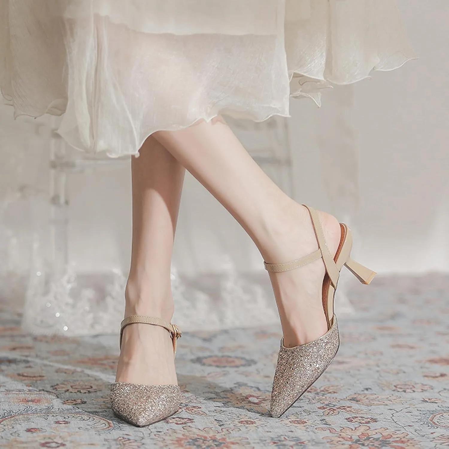 Women's Sequins Pointed Toe Kitten Heel Slingback Pumps Fashion closed-toe Comfort Low heel Sexy Dressy Sandals with Adjust Ankle strap for Wedding Bridal Party Evening