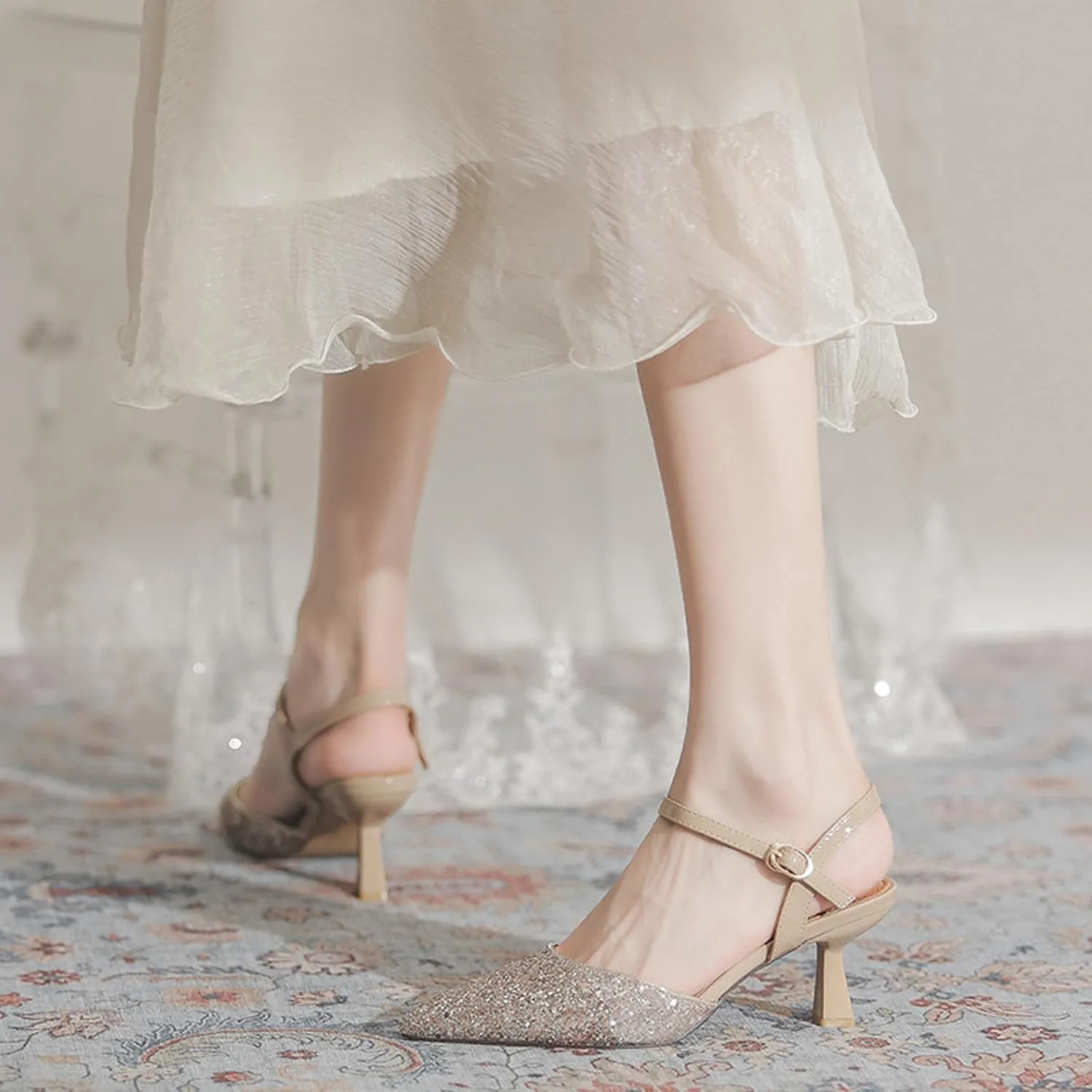 Women's Sequins Pointed Toe Kitten Heel Slingback Pumps Fashion closed-toe Comfort Low heel Sexy Dressy Sandals with Adjust Ankle strap for Wedding Bridal Party Evening