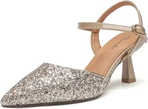 Women's Sequins Pointed Toe Kitten Heel Slingback Pumps Fashion closed-toe Comfort Low heel Sexy Dressy Sandals with Adjust Ankle strap for Wedding Bridal Party Evening
