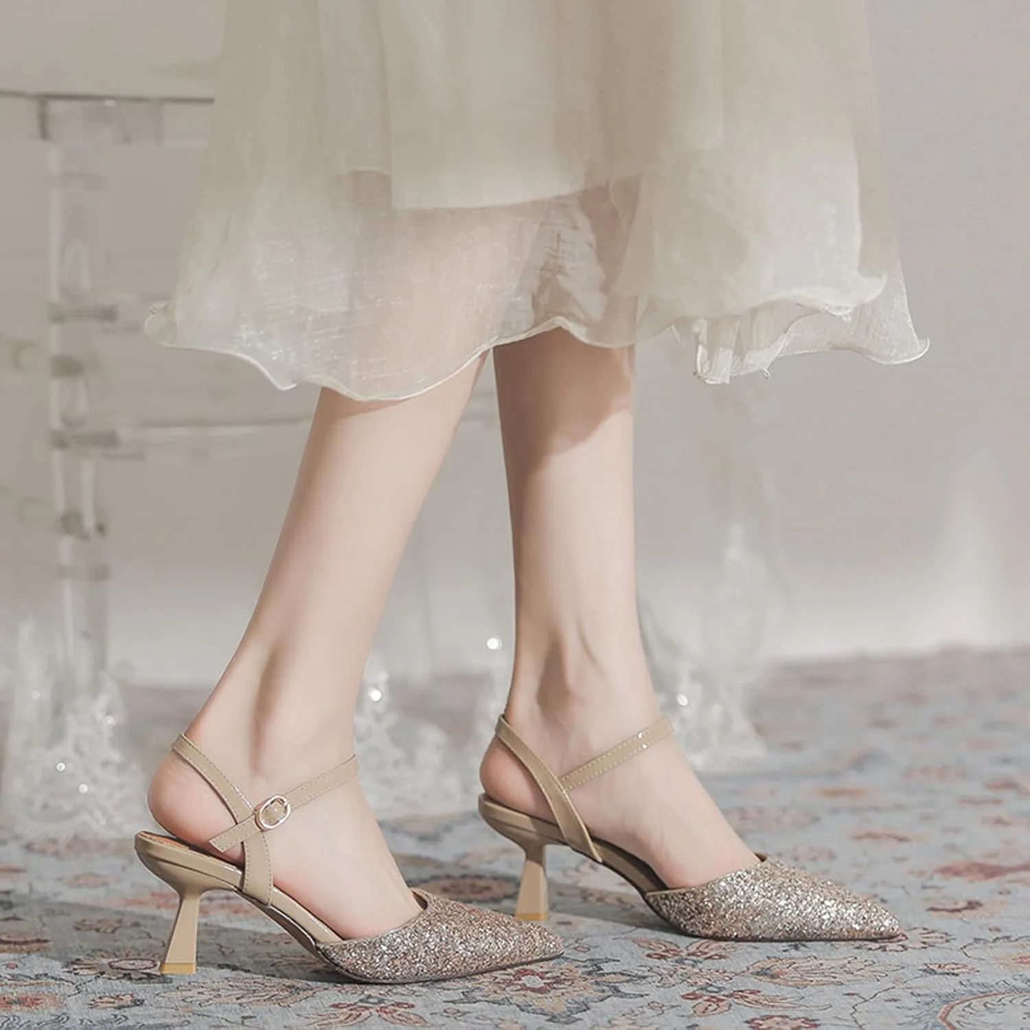 Women's Sequins Pointed Toe Kitten Heel Slingback Pumps Fashion closed-toe Comfort Low heel Sexy Dressy Sandals with Adjust Ankle strap for Wedding Bridal Party Evening