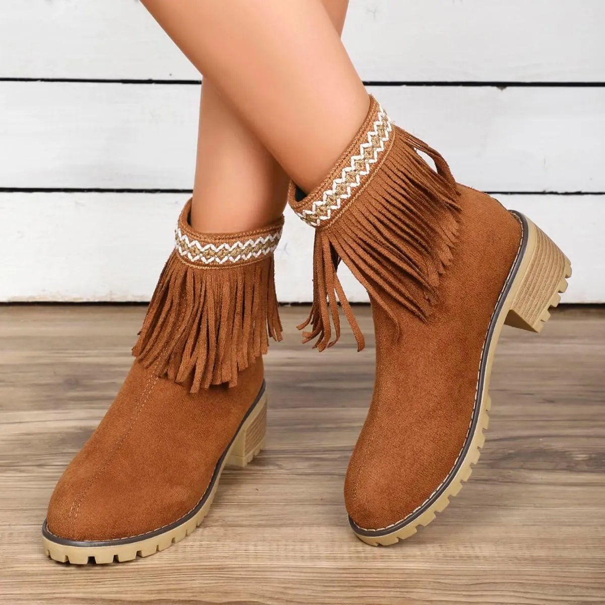 Women's Suede Tassel Cowboys Ankle Boots,Classic Fringe Moccasin Boots Ankle High Women Low Heel Booties