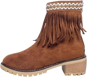Women's Suede Tassel Cowboys Ankle Boots,Classic Fringe Moccasin Boots Ankle High Women Low Heel Booties