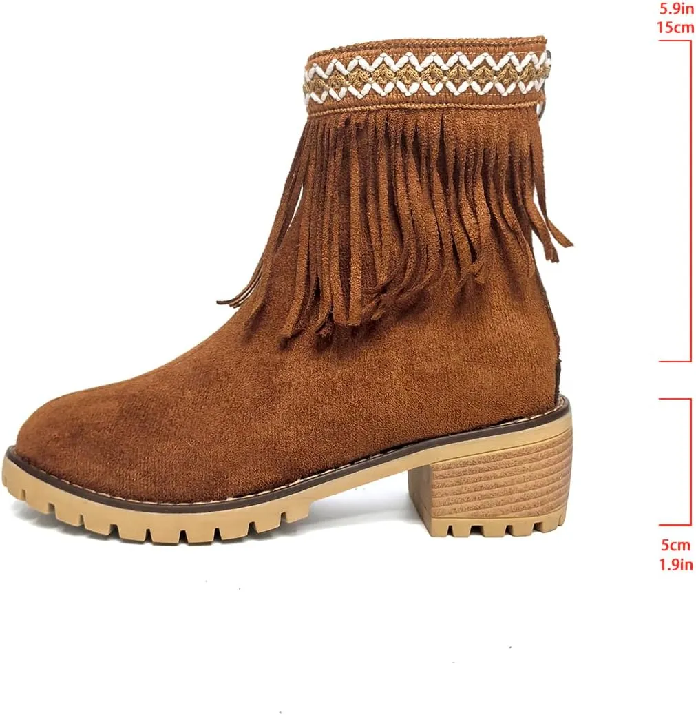 Women's Suede Tassel Cowboys Ankle Boots,Classic Fringe Moccasin Boots Ankle High Women Low Heel Booties