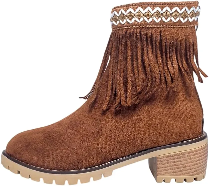 Women's Suede Tassel Cowboys Ankle Boots,Classic Fringe Moccasin Boots Ankle High Women Low Heel Booties