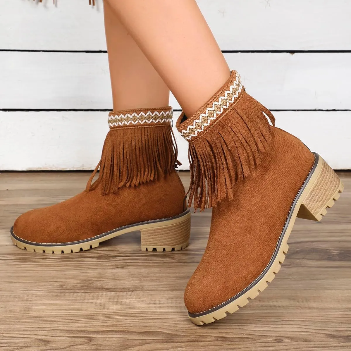 Women's Suede Tassel Cowboys Ankle Boots,Classic Fringe Moccasin Boots Ankle High Women Low Heel Booties