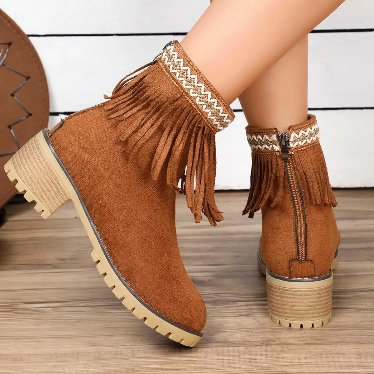 Women's Suede Tassel Cowboys Ankle Boots,Classic Fringe Moccasin Boots Ankle High Women Low Heel Booties