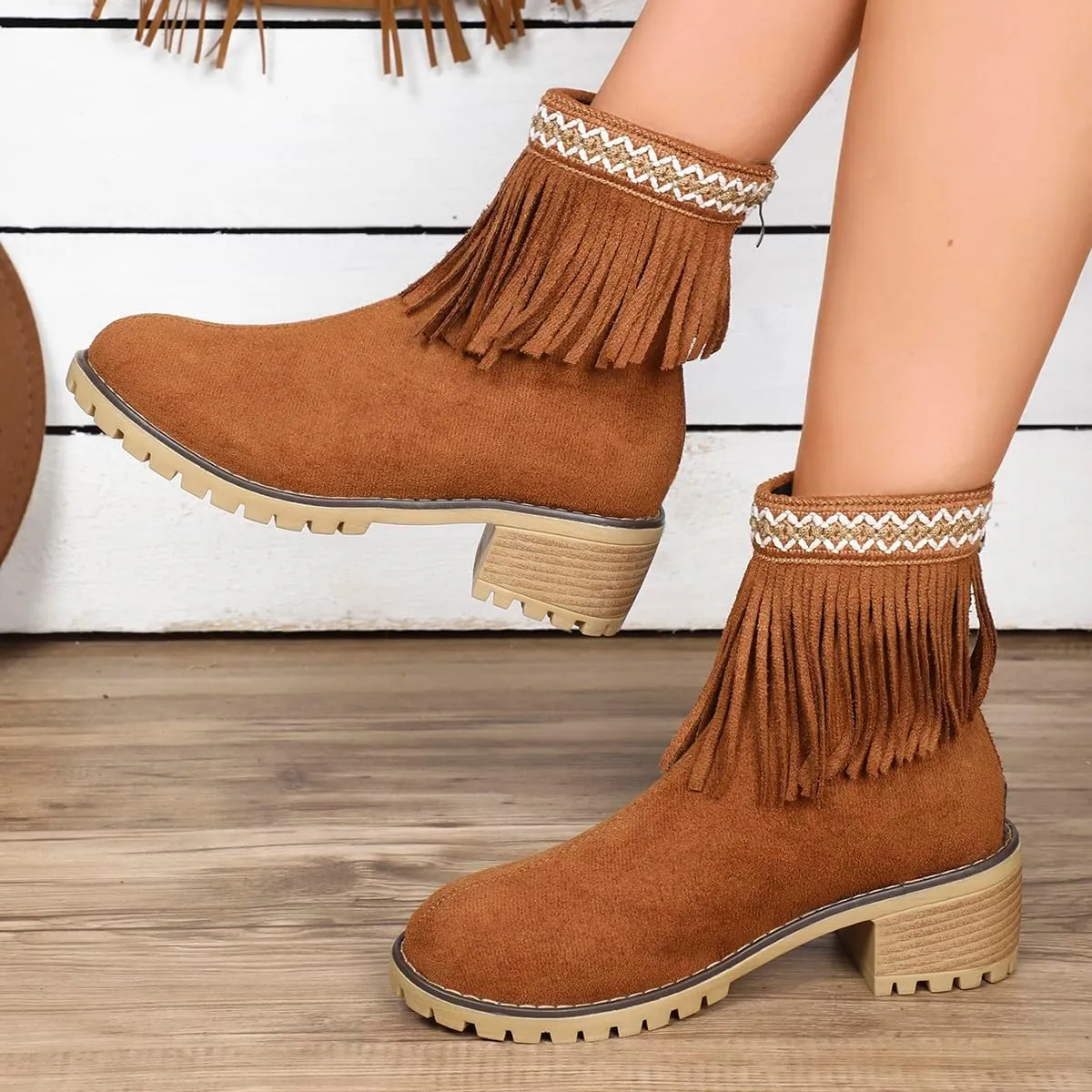 Women's Suede Tassel Cowboys Ankle Boots,Classic Fringe Moccasin Boots Ankle High Women Low Heel Booties