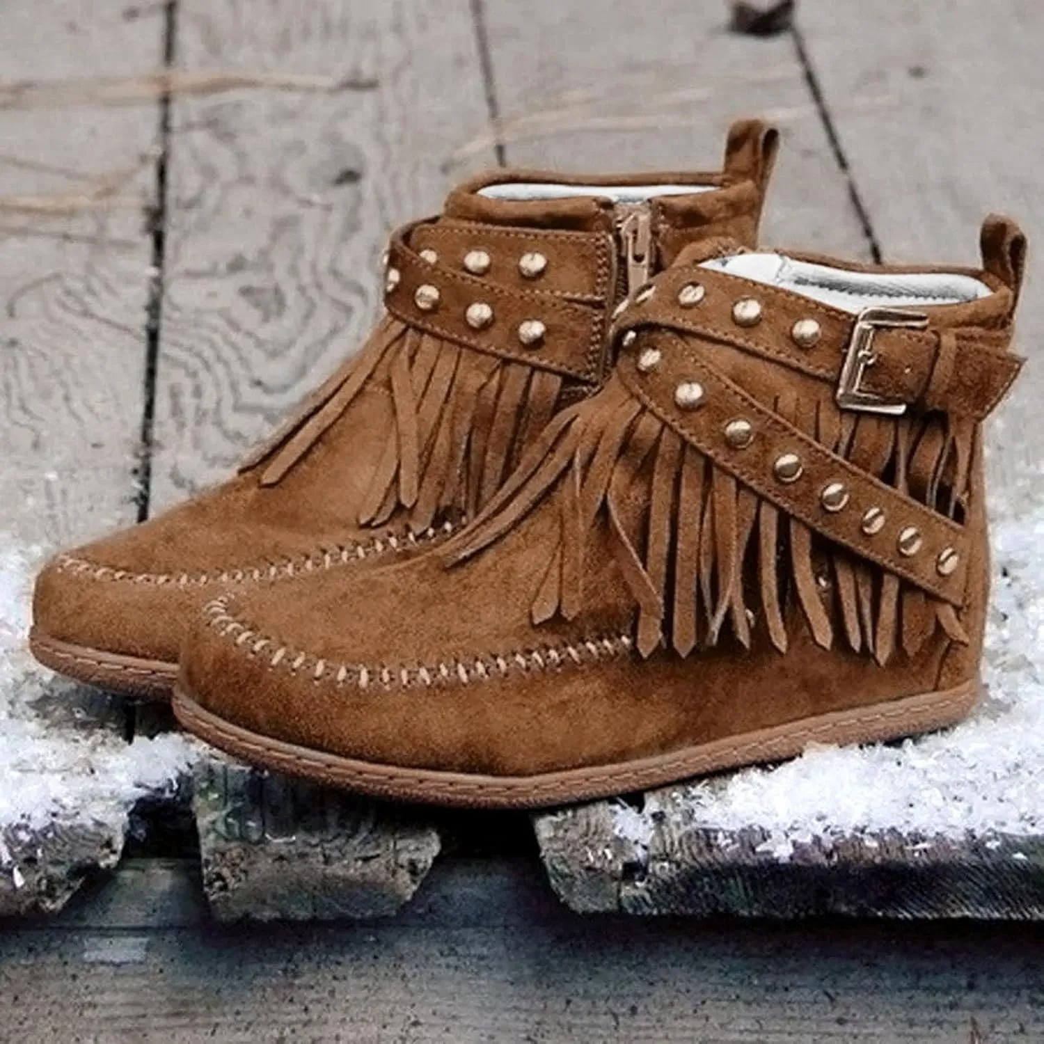 Women's Western Cowboy Boots, Fringe Faux Suede Boots Retro Round Toe Fringe Buckle Strap Ankle Boot Low Heel Rome Flat Shoes TasselKnight Booties Shoes