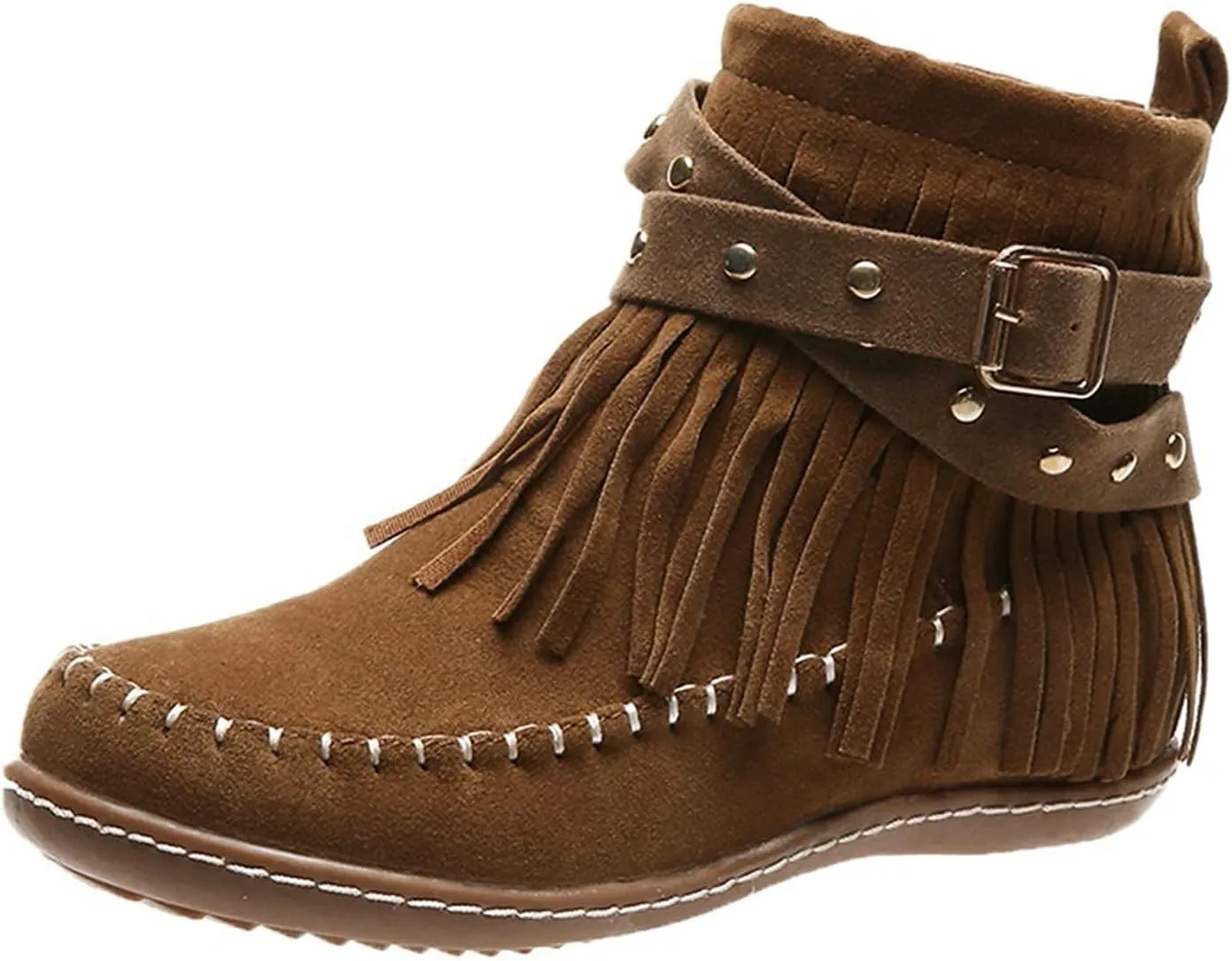 Women's Western Cowboy Boots, Fringe Faux Suede Boots Retro Round Toe Fringe Buckle Strap Ankle Boot Low Heel Rome Flat Shoes TasselKnight Booties Shoes