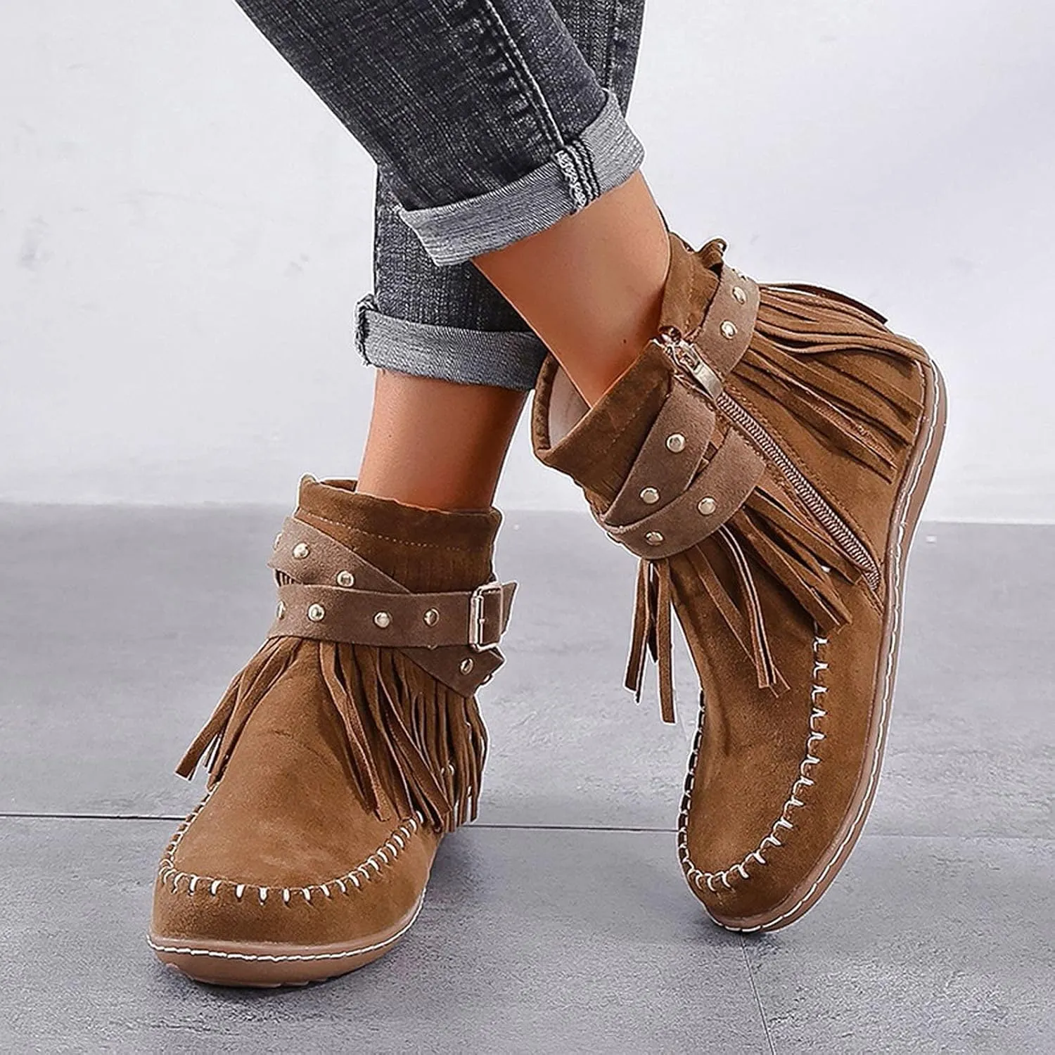 Women's Western Cowboy Boots, Fringe Faux Suede Boots Retro Round Toe Fringe Buckle Strap Ankle Boot Low Heel Rome Flat Shoes TasselKnight Booties Shoes