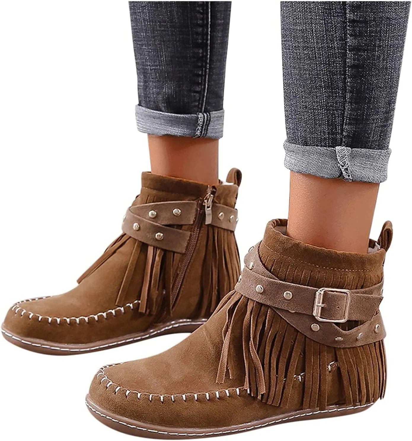 Women's Western Cowboy Boots, Fringe Faux Suede Boots Retro Round Toe Fringe Buckle Strap Ankle Boot Low Heel Rome Flat Shoes TasselKnight Booties Shoes