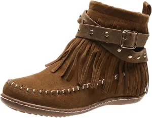 Women's Western Cowboy Boots, Fringe Faux Suede Boots Retro Round Toe Fringe Buckle Strap Ankle Boot Low Heel Rome Flat Shoes TasselKnight Booties Shoes