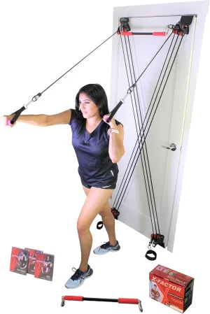 X Factor Door Gym Complete Home Gym Full Body Workout Total Exercise System Package | Strength Training Fitness Resistance System | Includes Straight Bar, DVD, Workout Chart