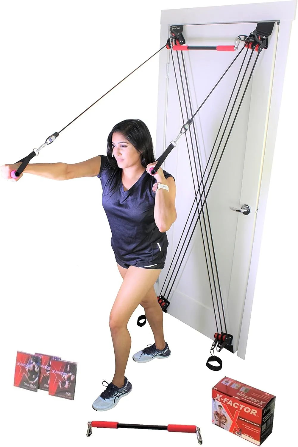 X Factor Door Gym Complete Home Gym Full Body Workout Total Exercise System Package | Strength Training Fitness Resistance System | Includes Straight Bar, DVD, Workout Chart