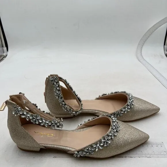XYD Light Gold Glitter Pointed Toe D'Orsay Wedding Flat Rhinestones Sandal