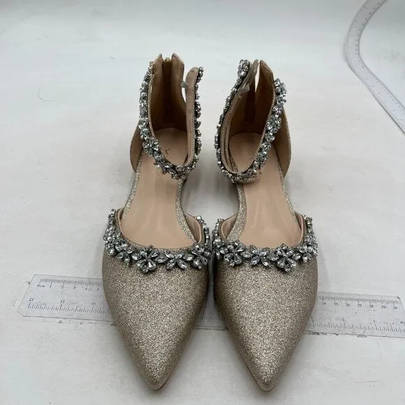 XYD Light Gold Glitter Pointed Toe D'Orsay Wedding Flat Rhinestones Sandal