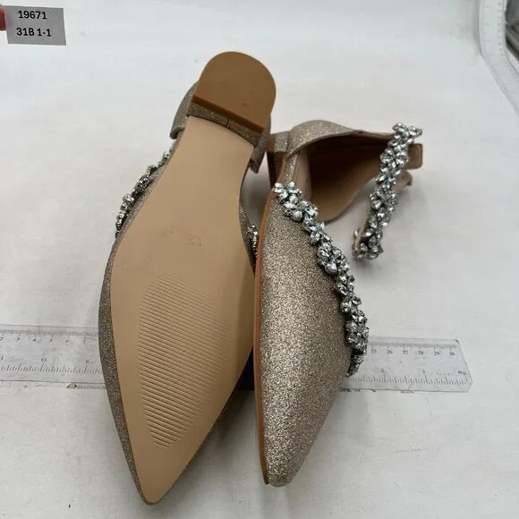 XYD Light Gold Glitter Pointed Toe D'Orsay Wedding Flat Rhinestones Sandal