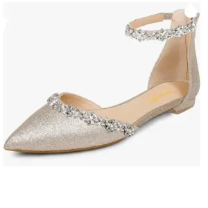 XYD Light Gold Glitter Pointed Toe D'Orsay Wedding Flat Rhinestones Sandal