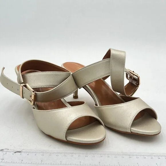 XYD Light-gold Kitten Heel Slingback Sandals Open Toe Buckled Cross Ankle Strap