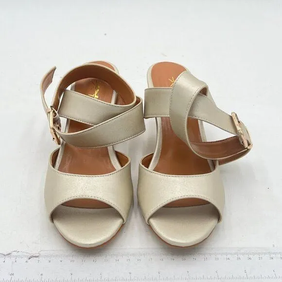 XYD Light-gold Kitten Heel Slingback Sandals Open Toe Buckled Cross Ankle Strap