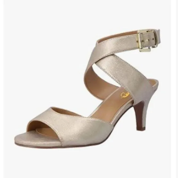 XYD Light-gold Kitten Heel Slingback Sandals Open Toe Buckled Cross Ankle Strap